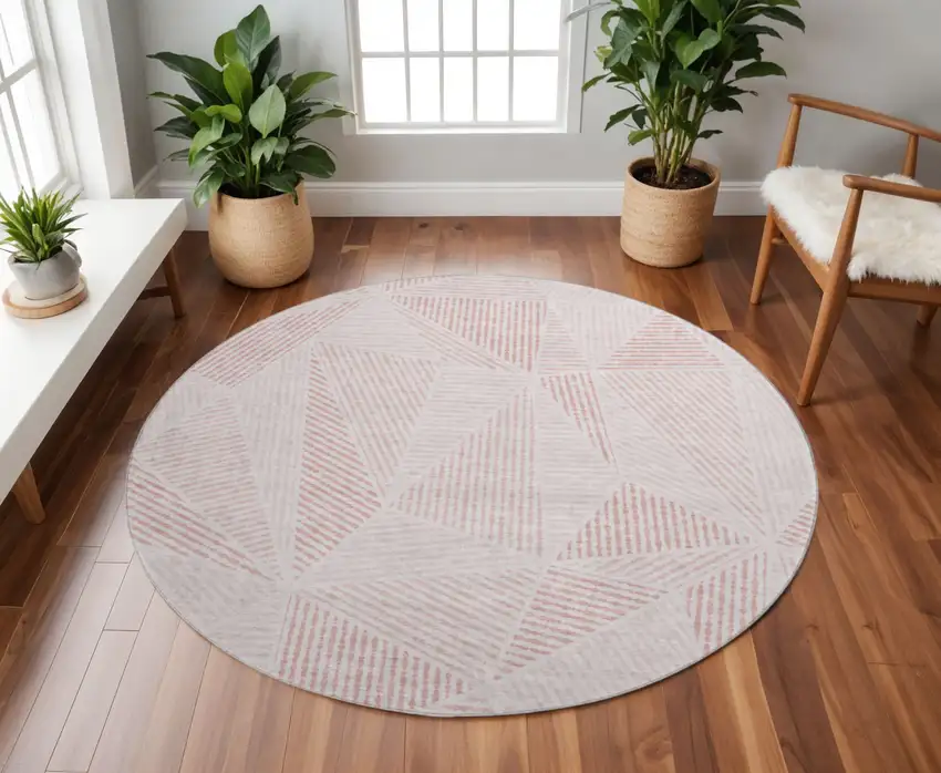 8' Blush And Pink Geometric Washable Round Rug With UV Protection Photo 2