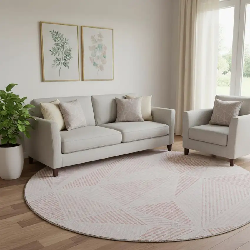 8' Blush And Pink Geometric Washable Round Rug With UV Protection Photo 1