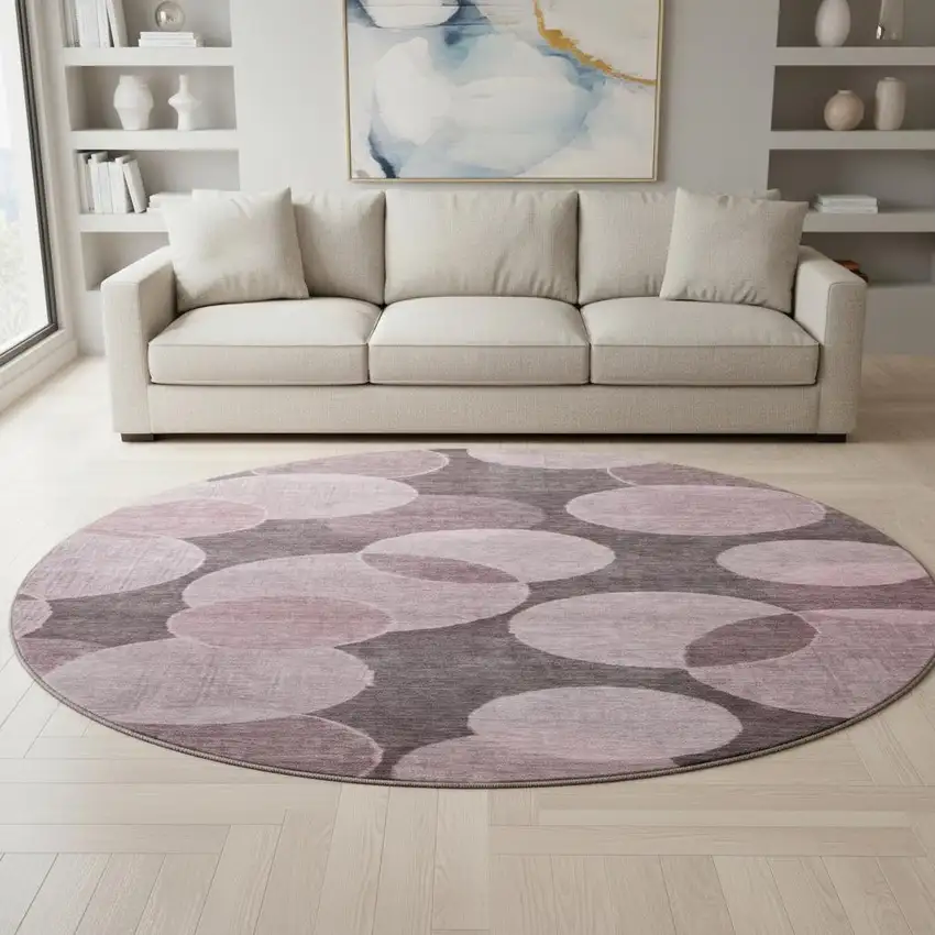 8' Blush And Pink Geometric Washable Round Rug With UV Protection Photo 2