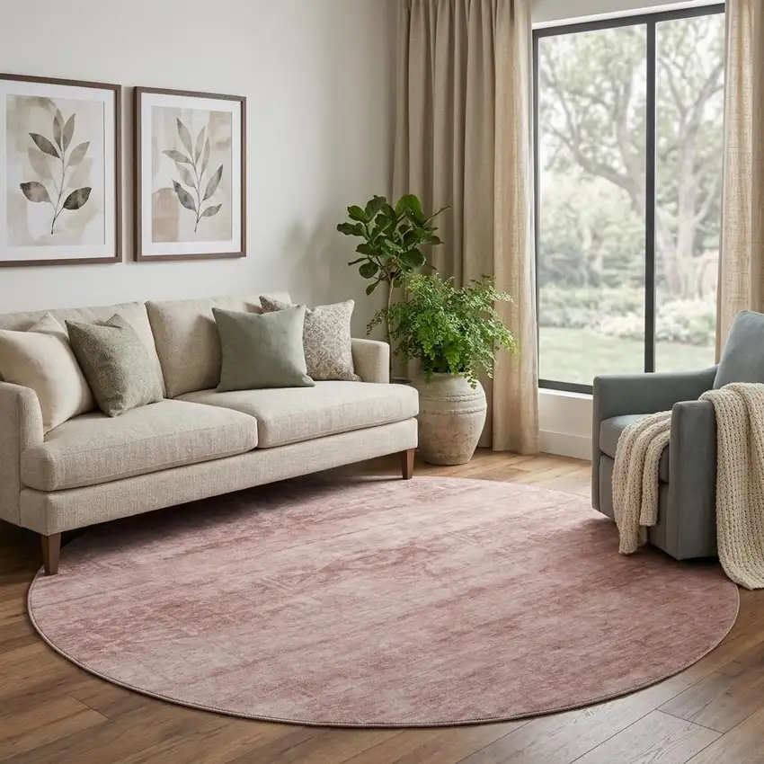 8' Blush And Pink Oriental Washable Round Rug With UV Protection Photo 1