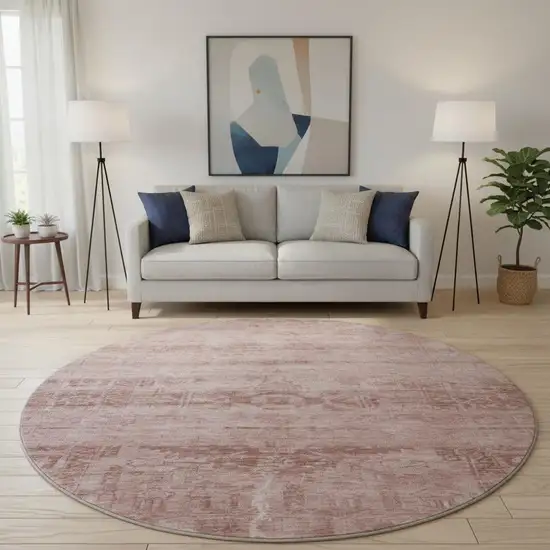 8' Blush And Pink Oriental Washable Round Rug With UV Protection Photo 2