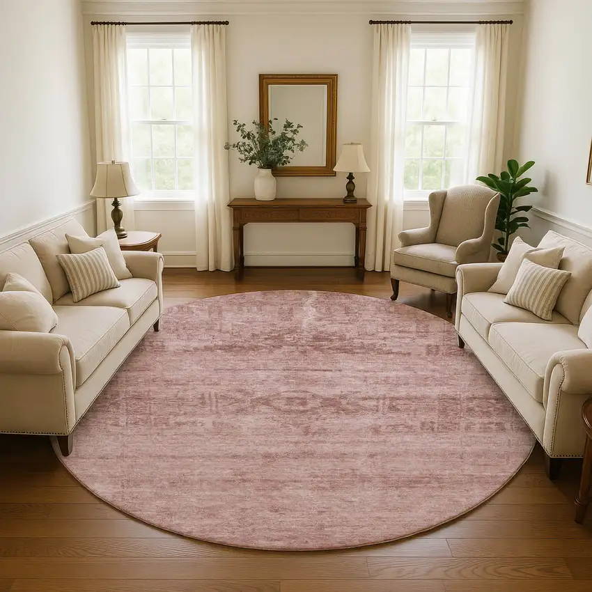 8' Blush And Pink Oriental Washable Round Rug With UV Protection Photo 4
