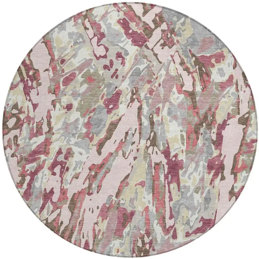 8' Blush And Pink Round Abstract Washable Indoor Outdoor Area Rug Photo 3
