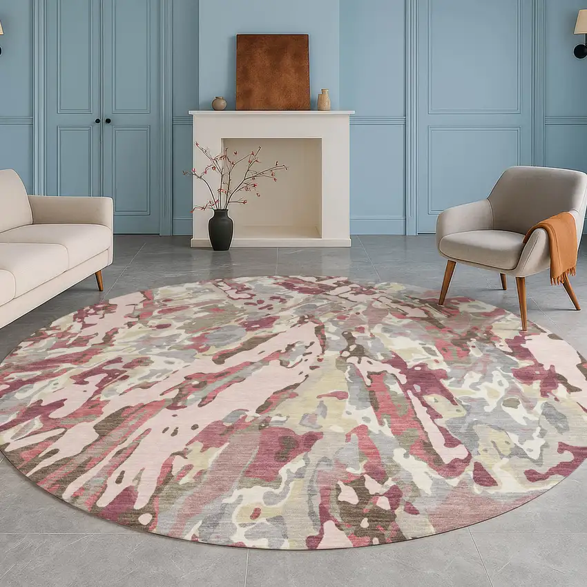 8' Blush And Pink Round Abstract Washable Indoor Outdoor Area Rug Photo 5
