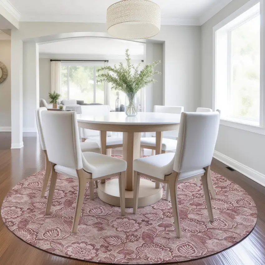 8' Blush And Pink Round Floral Washable Indoor Outdoor Area Rug Photo 6