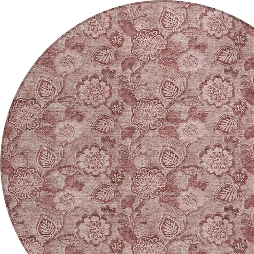 8' Blush And Pink Round Floral Washable Indoor Outdoor Area Rug Photo 4