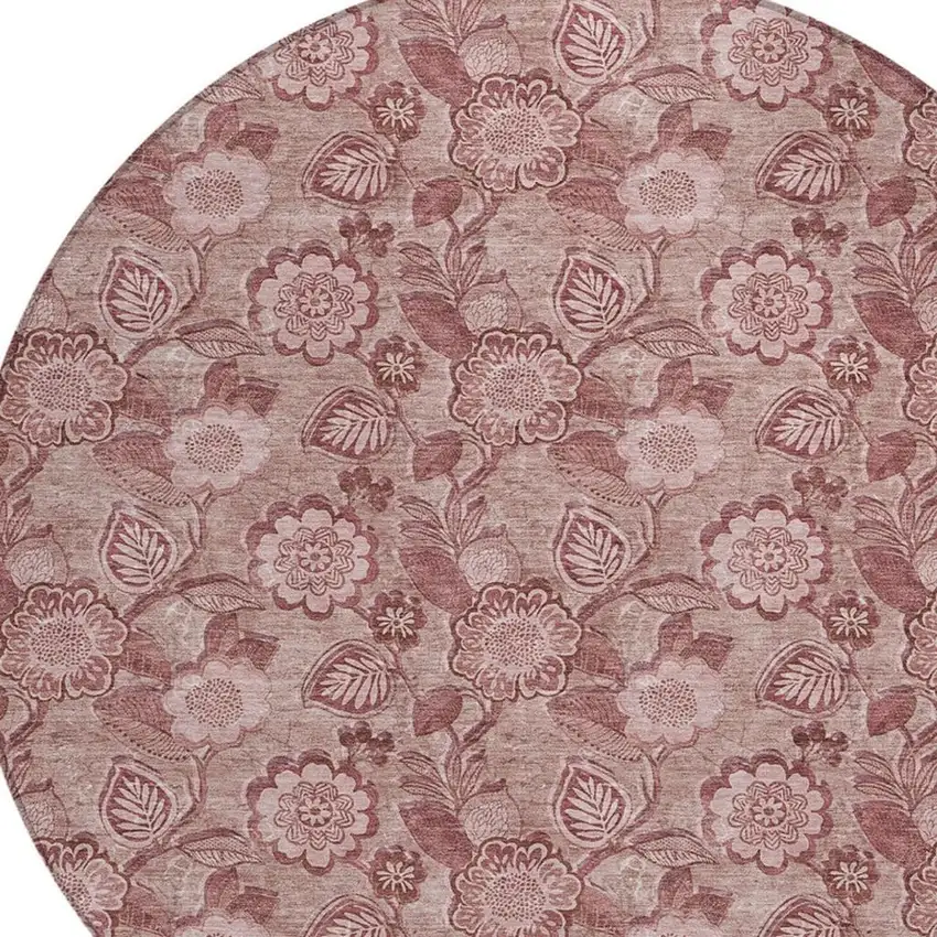 8' Blush And Pink Round Floral Washable Indoor Outdoor Area Rug Photo 8