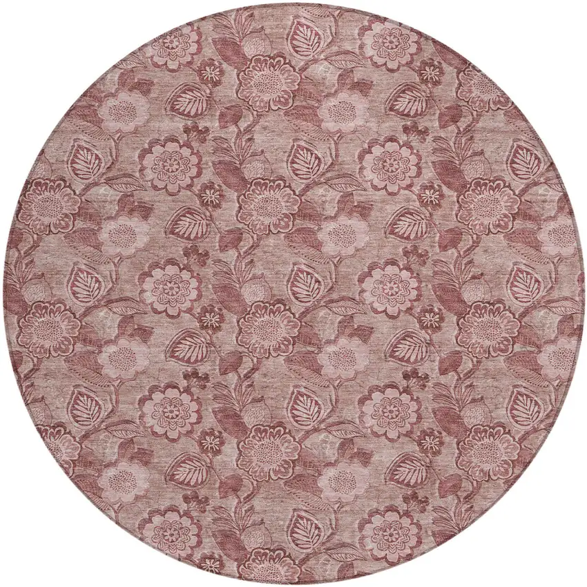 8' Blush And Pink Round Floral Washable Indoor Outdoor Area Rug Photo 1