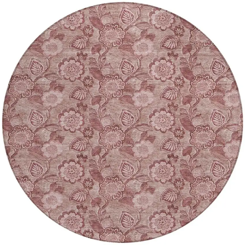 8' Blush And Pink Round Floral Washable Indoor Outdoor Area Rug Photo 3