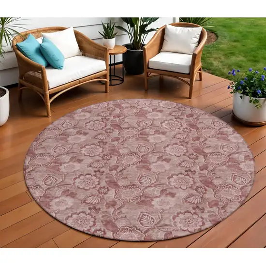 8' Blush And Pink Round Floral Washable Indoor Outdoor Area Rug Photo 2