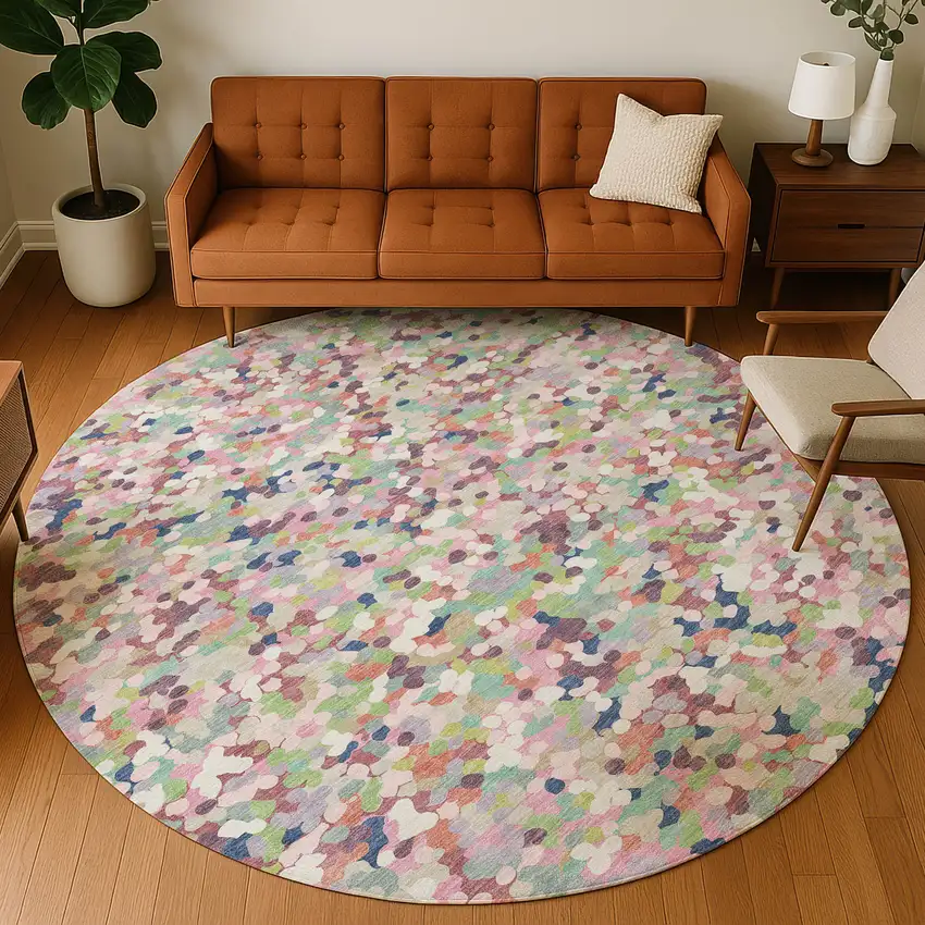 8' Blush And Pink Round Geometric Washable Indoor Outdoor Area Rug Photo 5