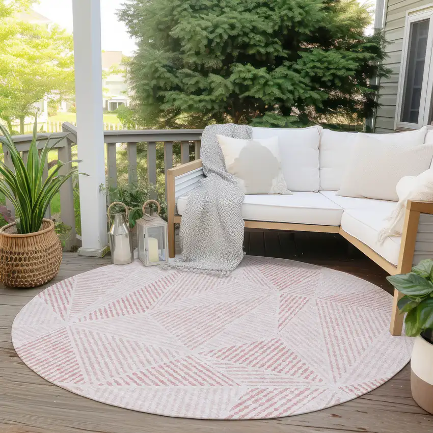 8' Blush And Pink Round Geometric Washable Indoor Outdoor Area Rug Photo 6