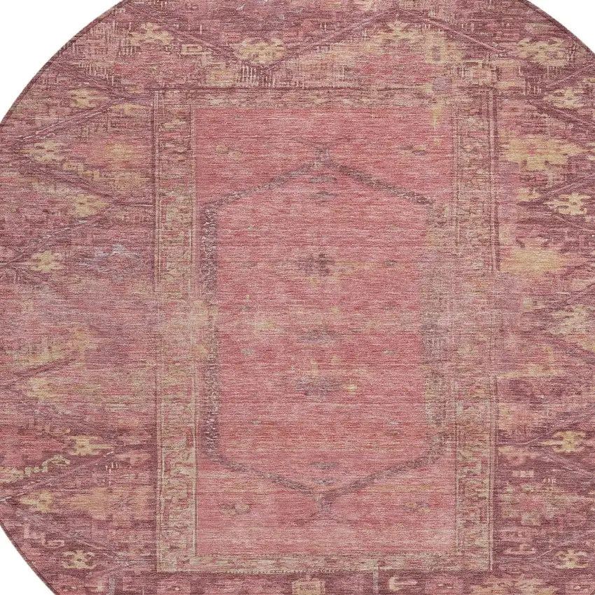 8' Blush And Pink Round Oriental Washable Indoor Outdoor Area Rug Photo 8