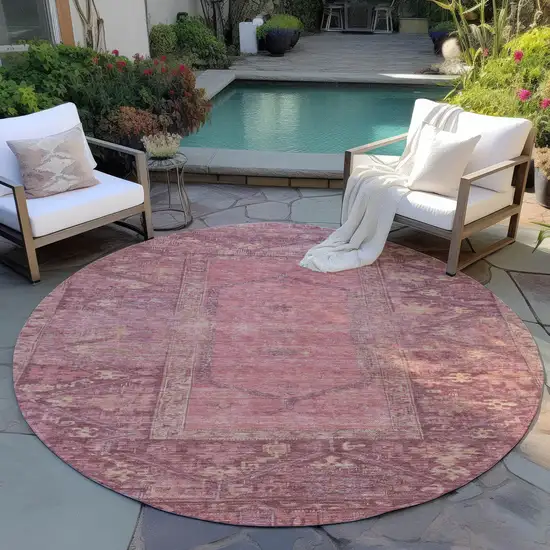 8' Blush And Pink Round Oriental Washable Indoor Outdoor Area Rug Photo 6