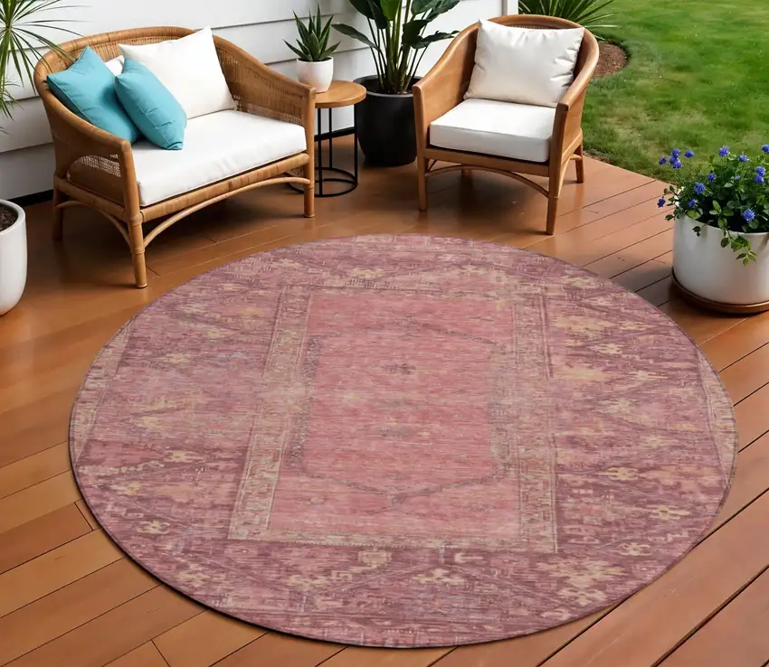 8' Blush And Pink Round Oriental Washable Indoor Outdoor Area Rug Photo 2