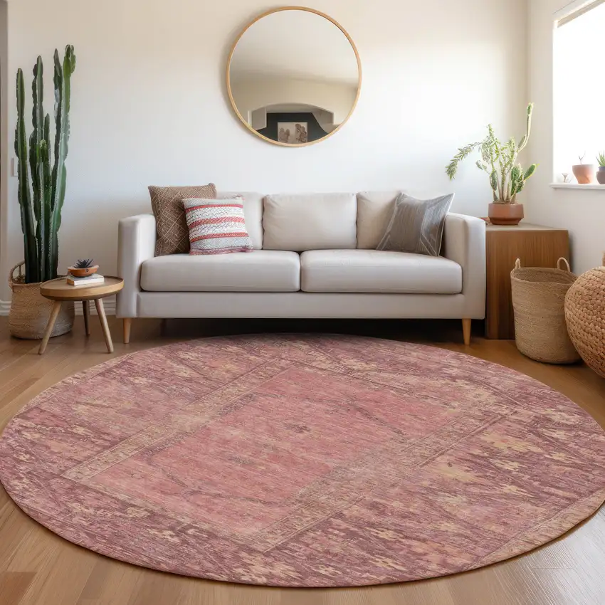 8' Blush And Pink Round Oriental Washable Indoor Outdoor Area Rug Photo 7