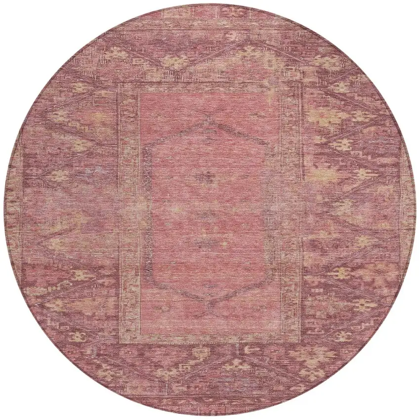 8' Blush And Pink Round Oriental Washable Indoor Outdoor Area Rug Photo 3