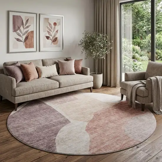 8' Blush And Plum Abstract Washable Round Rug With UV Protection Photo 1