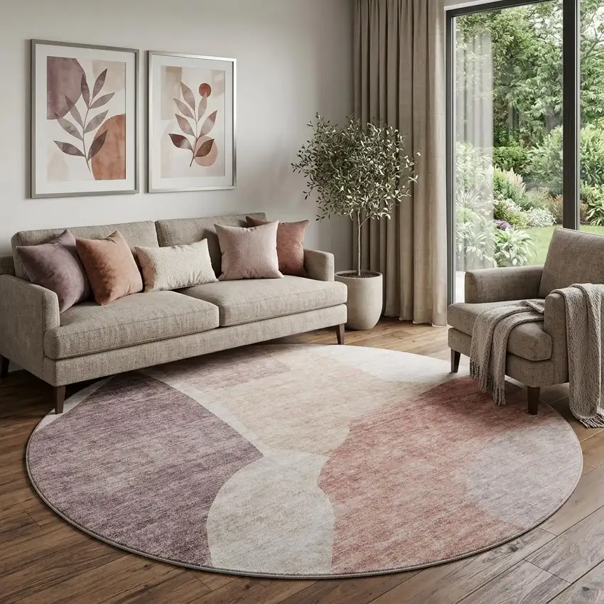8' Blush And Plum Abstract Washable Round Rug With UV Protection Photo 1