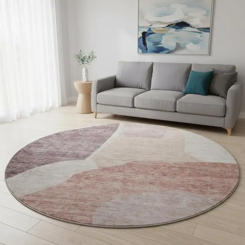 8' Blush And Plum Abstract Washable Round Rug With UV Protection Photo 2