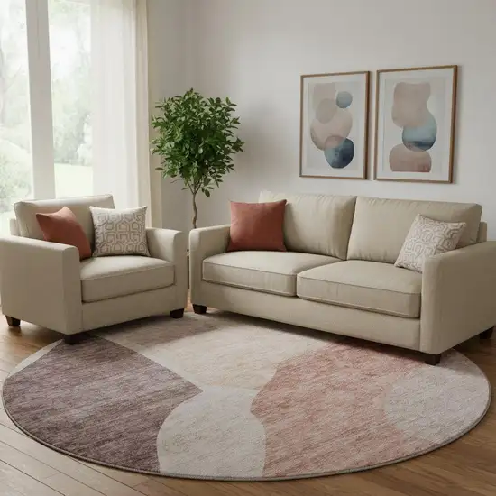 8' Blush And Plum Abstract Washable Round Rug With UV Protection Photo 1