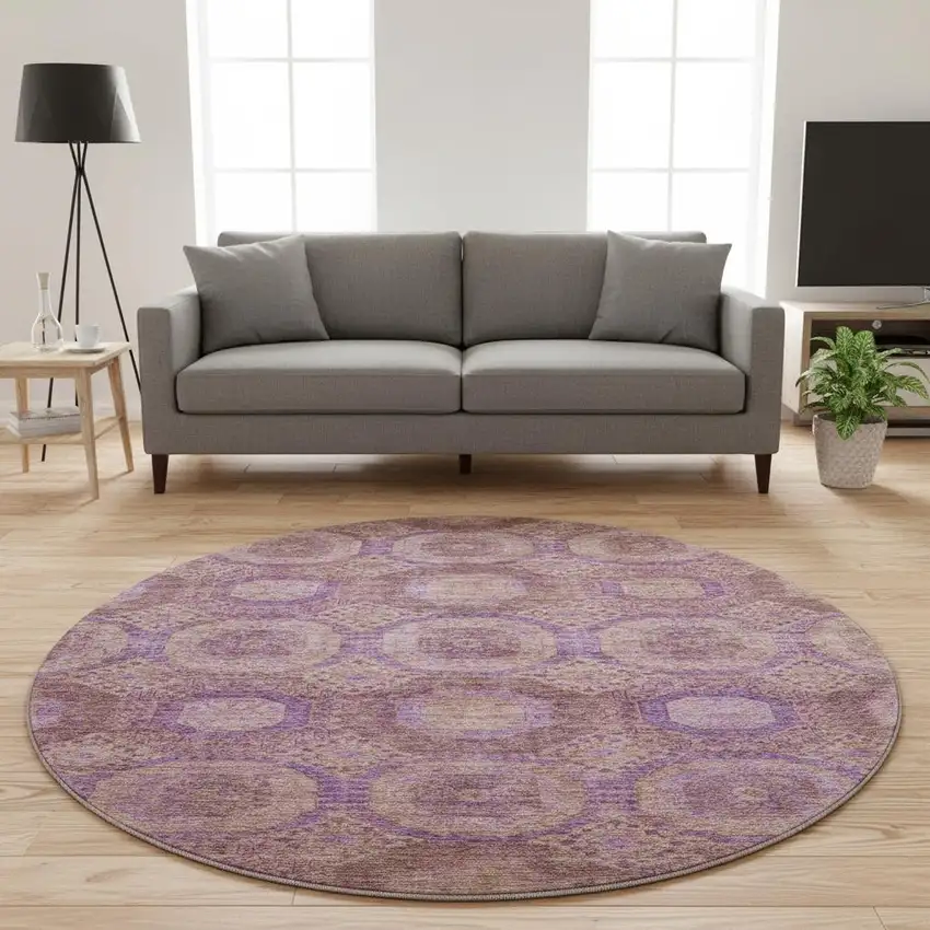 8' Blush And Purple Abstract Geometric Washable Round Rug With UV Protection Photo 2