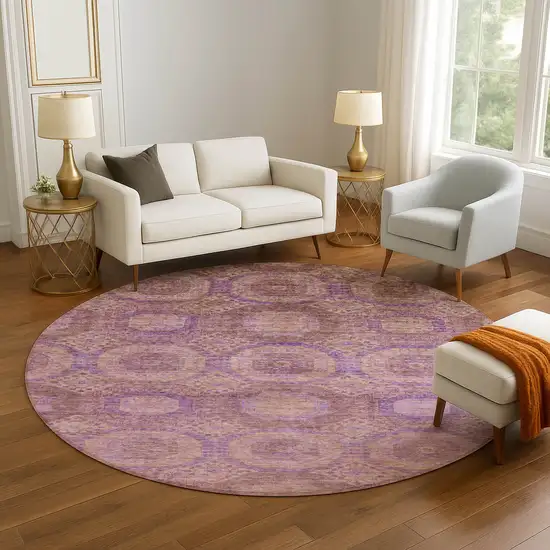 8' Blush And Purple Abstract Geometric Washable Round Rug With UV Protection Photo 5