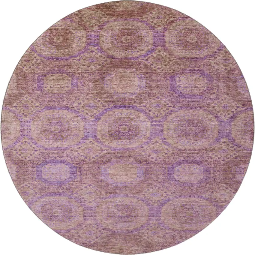 8' Blush And Purple Abstract Geometric Washable Round Rug With UV Protection Photo 4