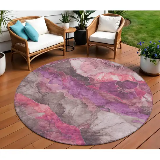 8' Blush And Purple Round Floral Washable Indoor Outdoor Area Rug Photo 2