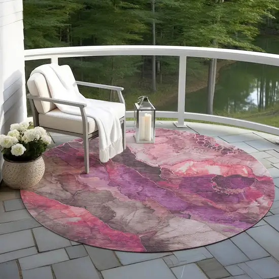 8' Blush And Purple Round Floral Washable Indoor Outdoor Area Rug Photo 6