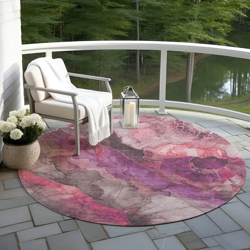 8' Blush And Purple Round Floral Washable Indoor Outdoor Area Rug Photo 6