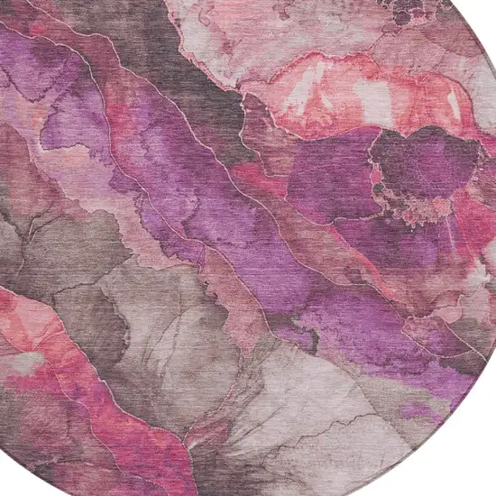 8' Blush And Purple Round Floral Washable Indoor Outdoor Area Rug Photo 9