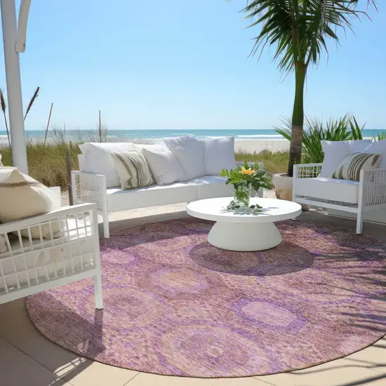 8' Blush And Purple Round Medallion Washable Indoor Outdoor Area Rug Photo 5