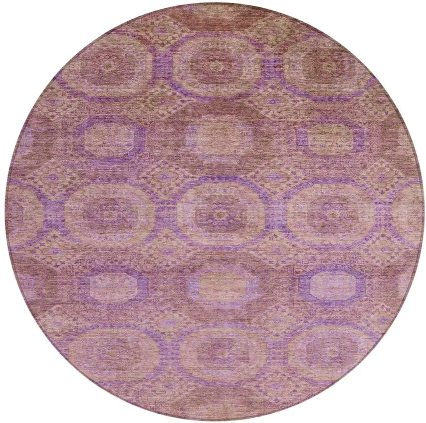 8' Blush And Purple Round Medallion Washable Indoor Outdoor Area Rug Photo 1