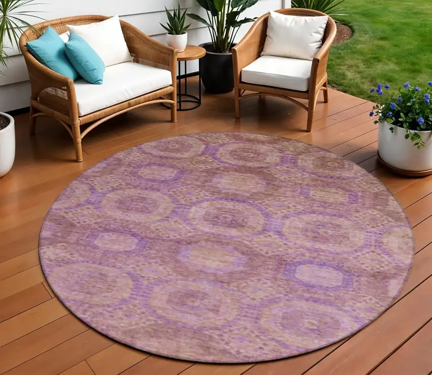 8' Blush And Purple Round Medallion Washable Indoor Outdoor Area Rug Photo 2