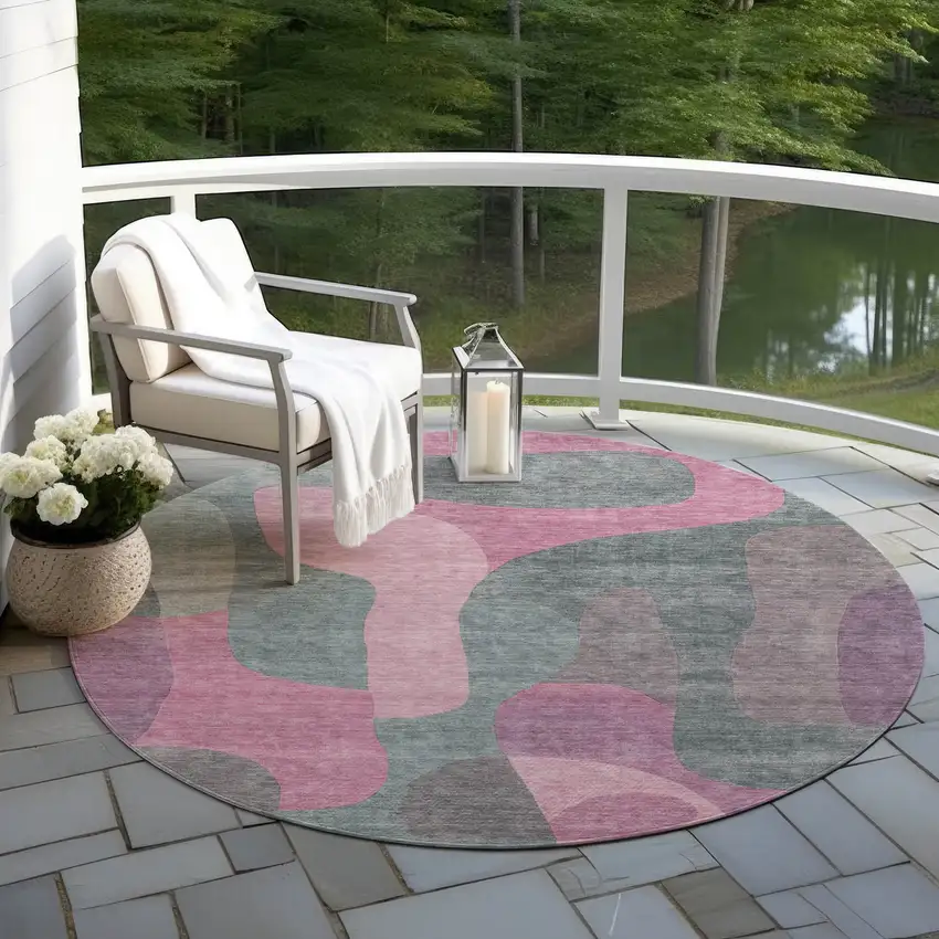 8' Blush And Sage Round Abstract Washable Indoor Outdoor Area Rug Photo 5
