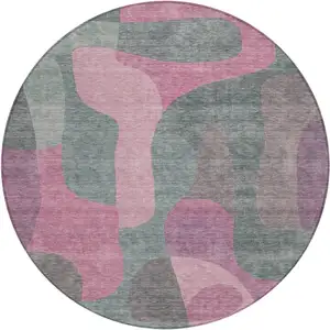 Photo of 8' Blush And Sage Round Abstract Washable Indoor Outdoor Area Rug