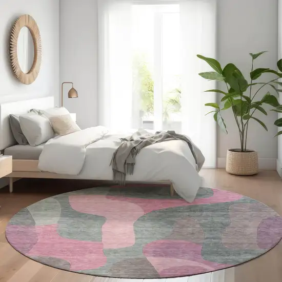 8' Blush And Sage Round Abstract Washable Indoor Outdoor Area Rug Photo 6