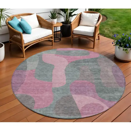 8' Blush And Sage Round Abstract Washable Indoor Outdoor Area Rug Photo 2