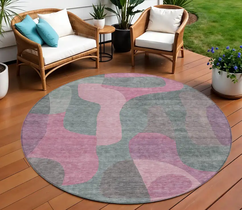8' Blush And Sage Round Abstract Washable Indoor Outdoor Area Rug Photo 2