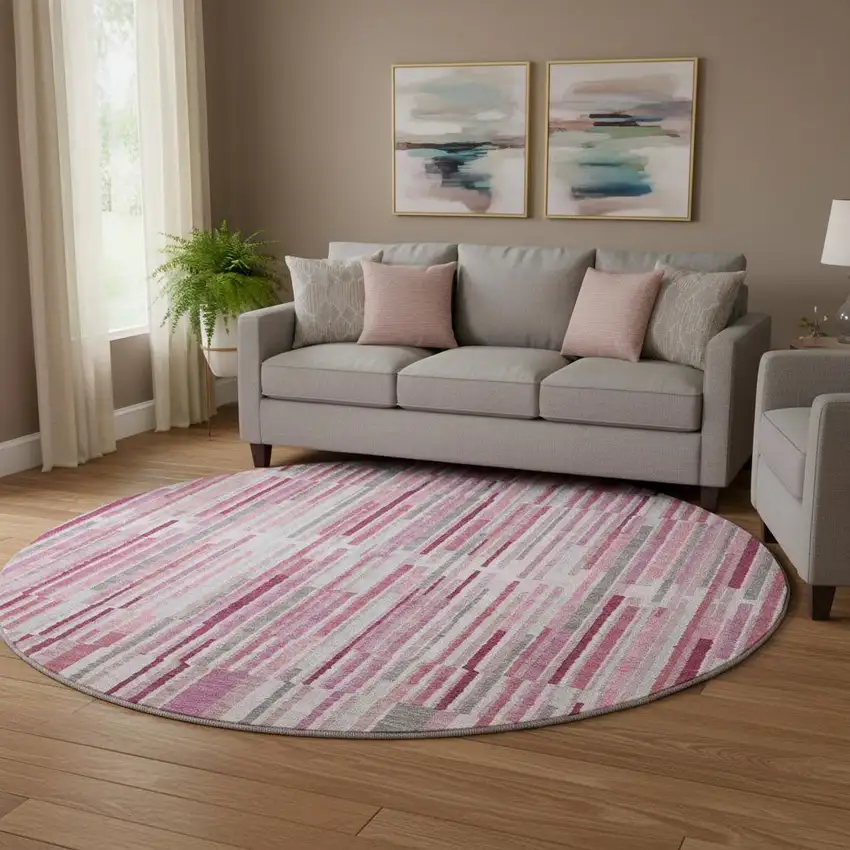 8' Blush And Silver Striped Washable Round Rug With UV Protection Photo 2
