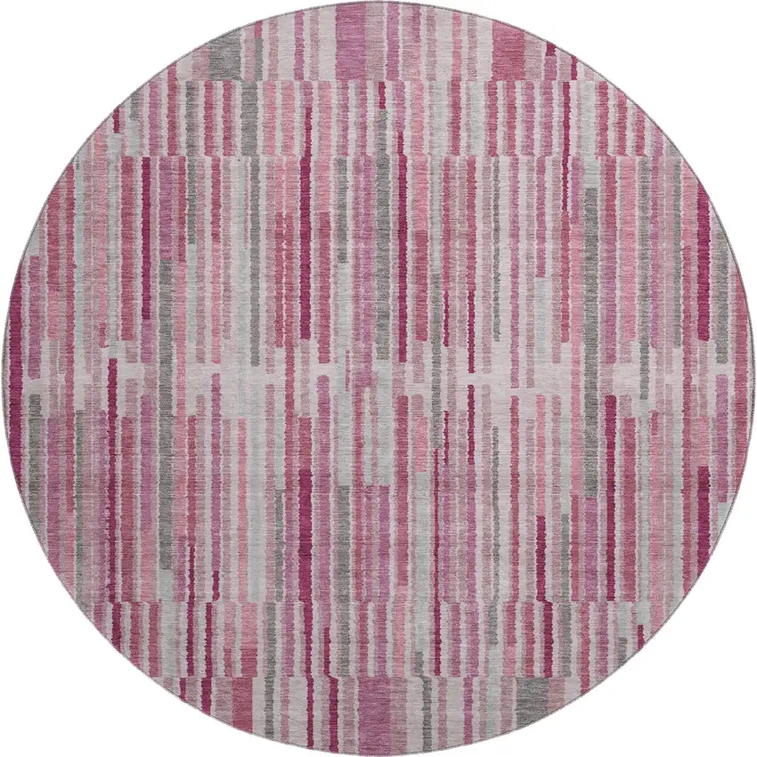 8' Blush And Silver Striped Washable Round Rug With UV Protection Photo 1