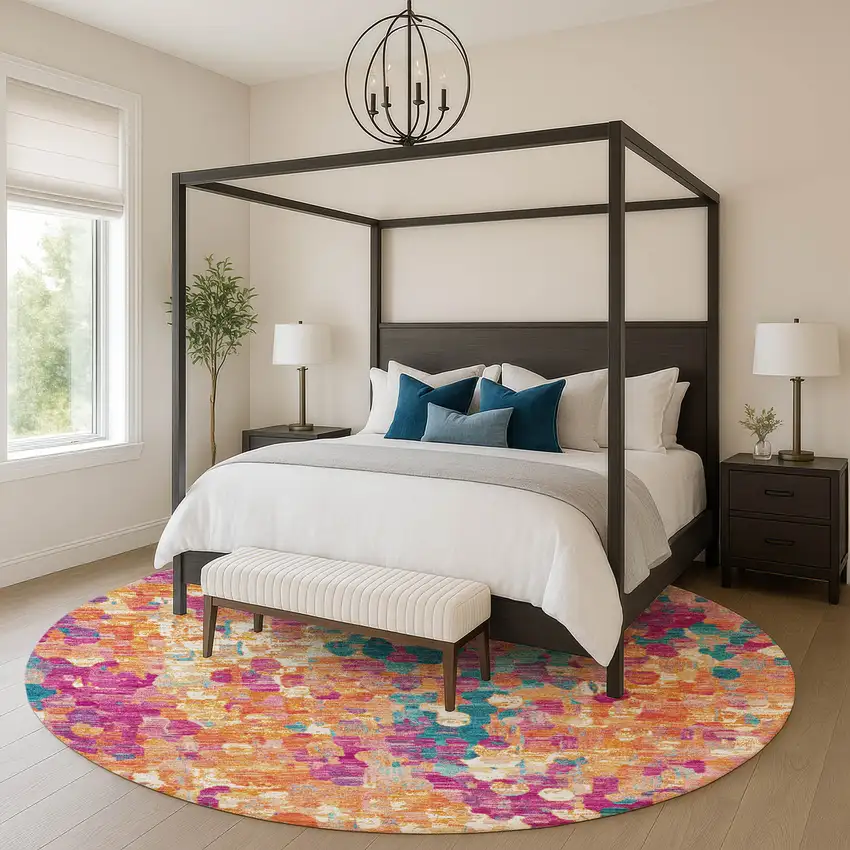 8' Blush And Teal Abstract Washable Round Rug With UV Protection Photo 5