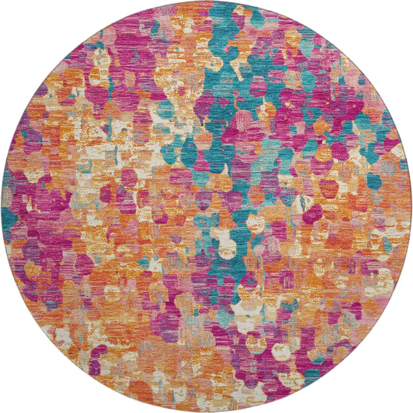 8' Blush And Teal Abstract Washable Round Rug With UV Protection Photo 1