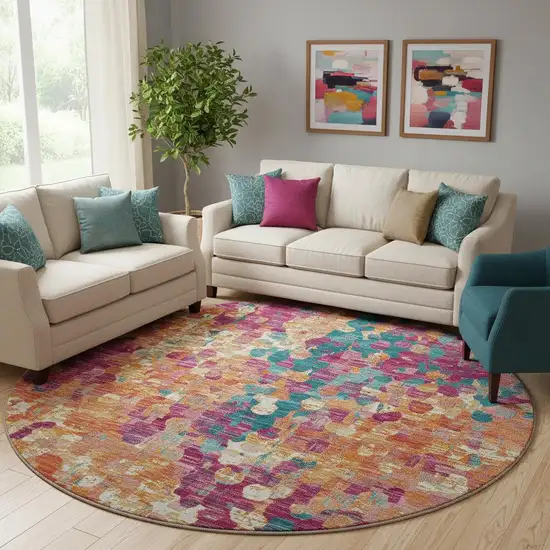 8' Blush And Teal Abstract Washable Round Rug With UV Protection Photo 2