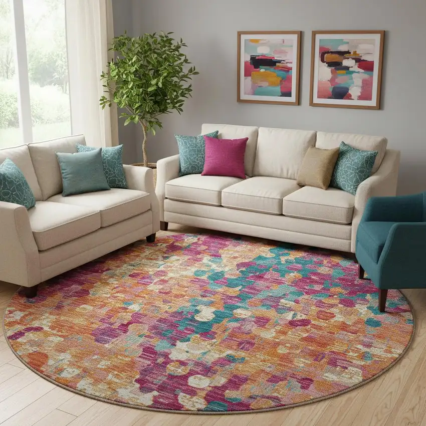 8' Blush And Teal Abstract Washable Round Rug With UV Protection Photo 2