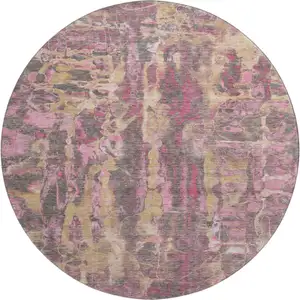 Photo of 8' Blush And Wheat Abstract Washable Round Rug With UV Protection