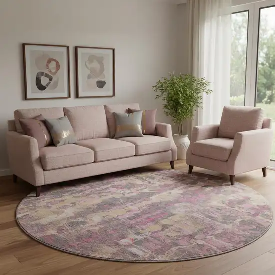 8' Blush And Wheat Abstract Washable Round Rug With UV Protection Photo 2