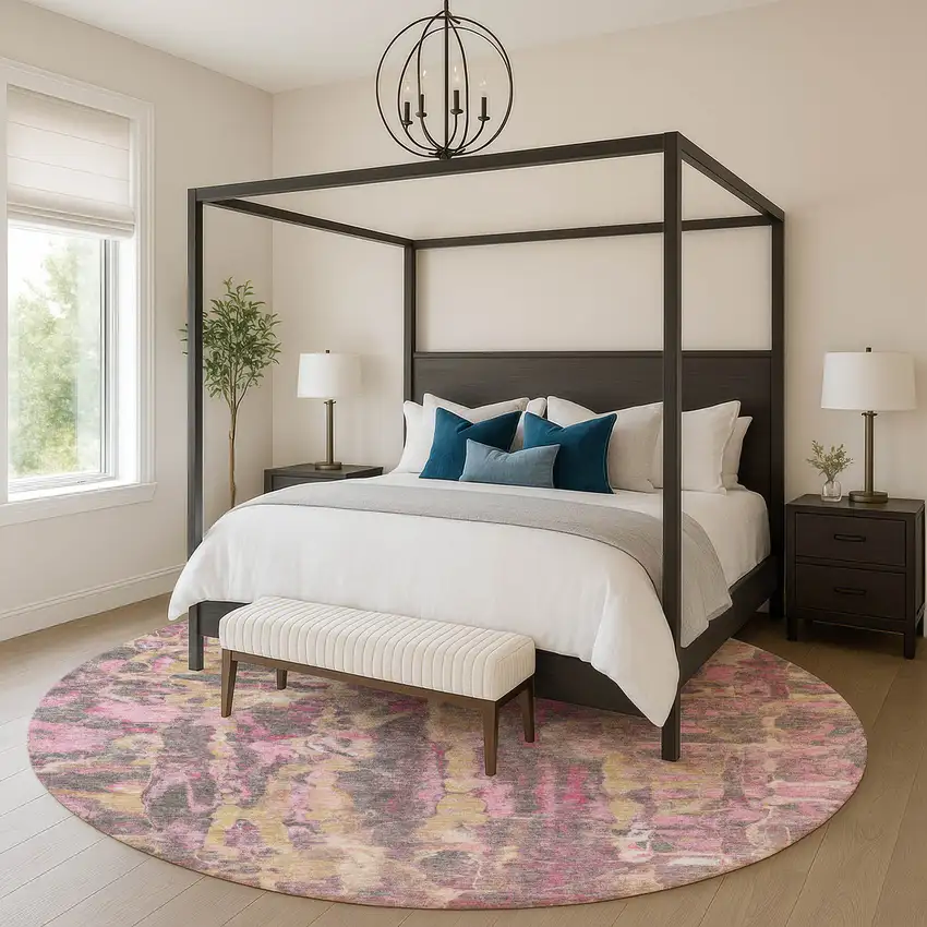 8' Blush And Wheat Abstract Washable Round Rug With UV Protection Photo 5