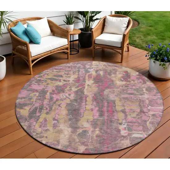 8' Blush And Wheat Round Abstract Washable Indoor Outdoor Area Rug Photo 1